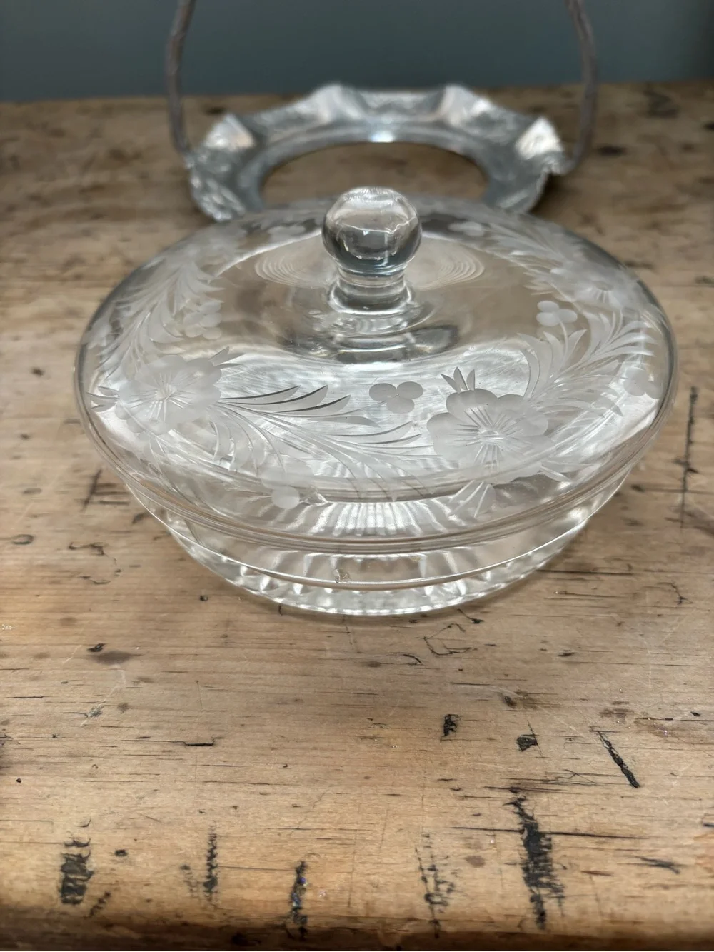 Vintage Hand Wrought Aluminum Handled Basket w/ Clear Etched Glass Covered Dish